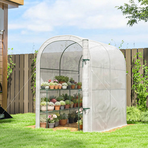 Walk-in Mini Greenhouse With Shelves, Portable Outdoor, 123 x 187 x 189 cm, White