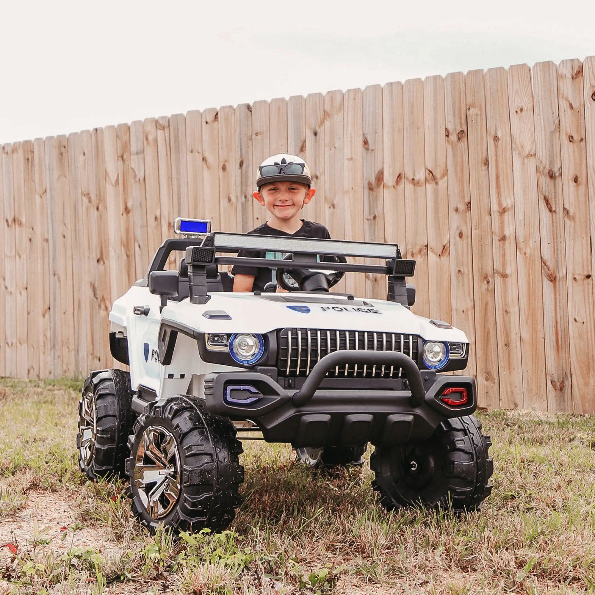 Kids Ride On Car 12V RC 2 Seater Police Truck, White Electric Toy Cars at Gallery Canada