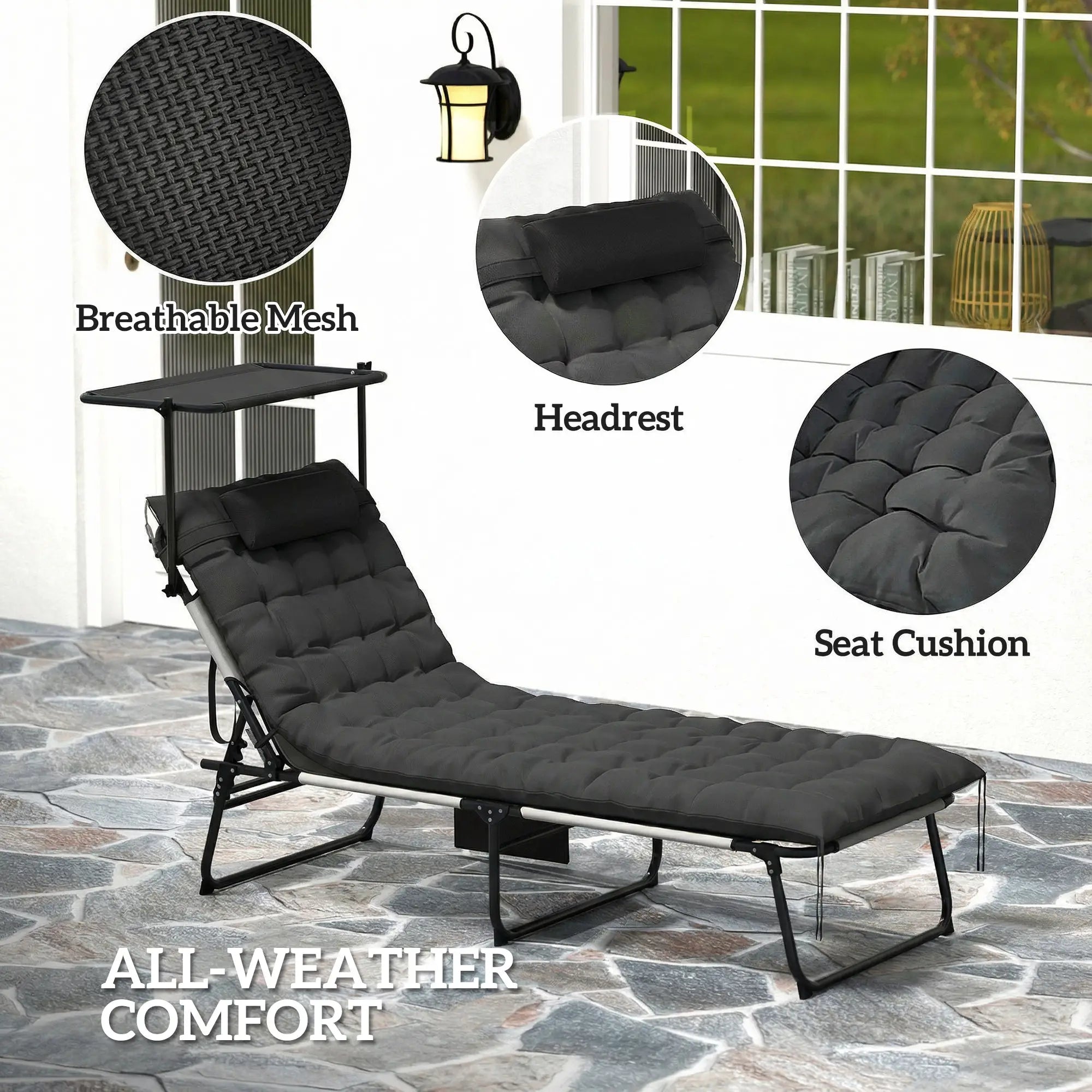 Folding Lounge Chair With Adjustable Canopy, 4-Position Tanning Chair, Dark Grey Lounger Chairs at Gallery Canada