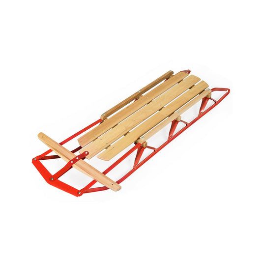 54 Inch Kids Wooden Snow Sled with Metal Runners and Steering Bar, Red