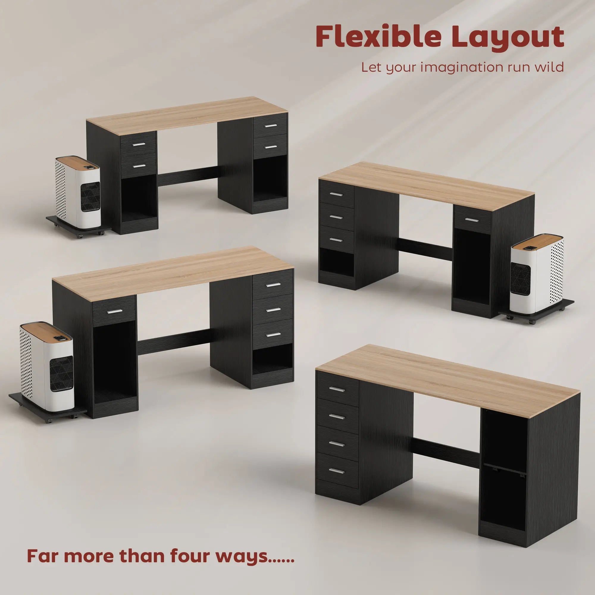 55 Inch Office Desk, Black Wood Grain, 4 Reversible Drawers, Mobile PC Stand, Black Computer Desks at Gallery Canada