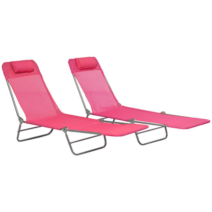 Set of 2 Folding Chaise Lounge Chairs, Outdoor, Reclining, Pink
