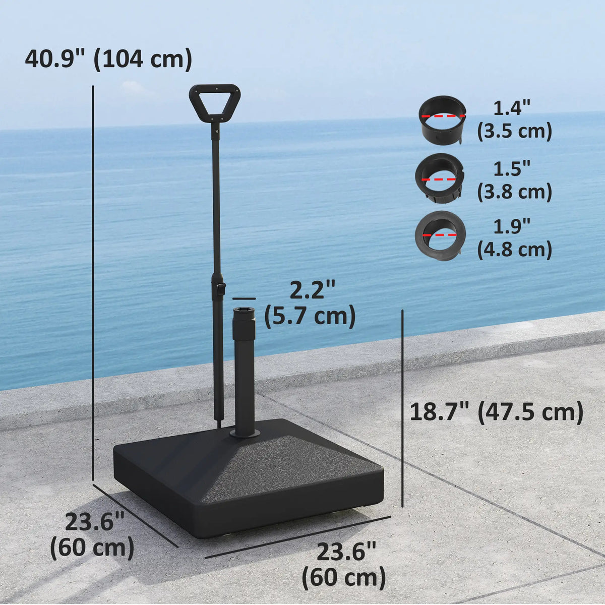 Base de Parapluie de Patio à Roues Réglables, Support de 55 kg, 45 kg d'Eau, Noir