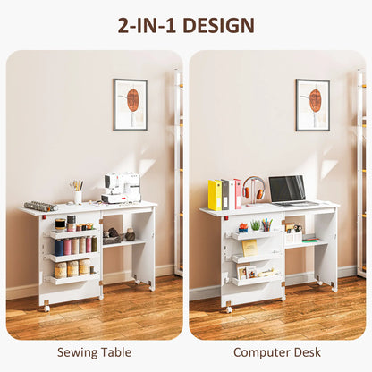 Folding Sewing Table with Storage, Lockable Wheels, White Storage Cabinets at Gallery Canada