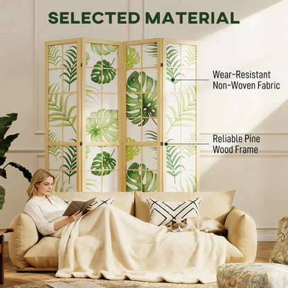 4 Panel Folding Privacy Screen, 67" Palm Leaf Design, Natural Green, Green