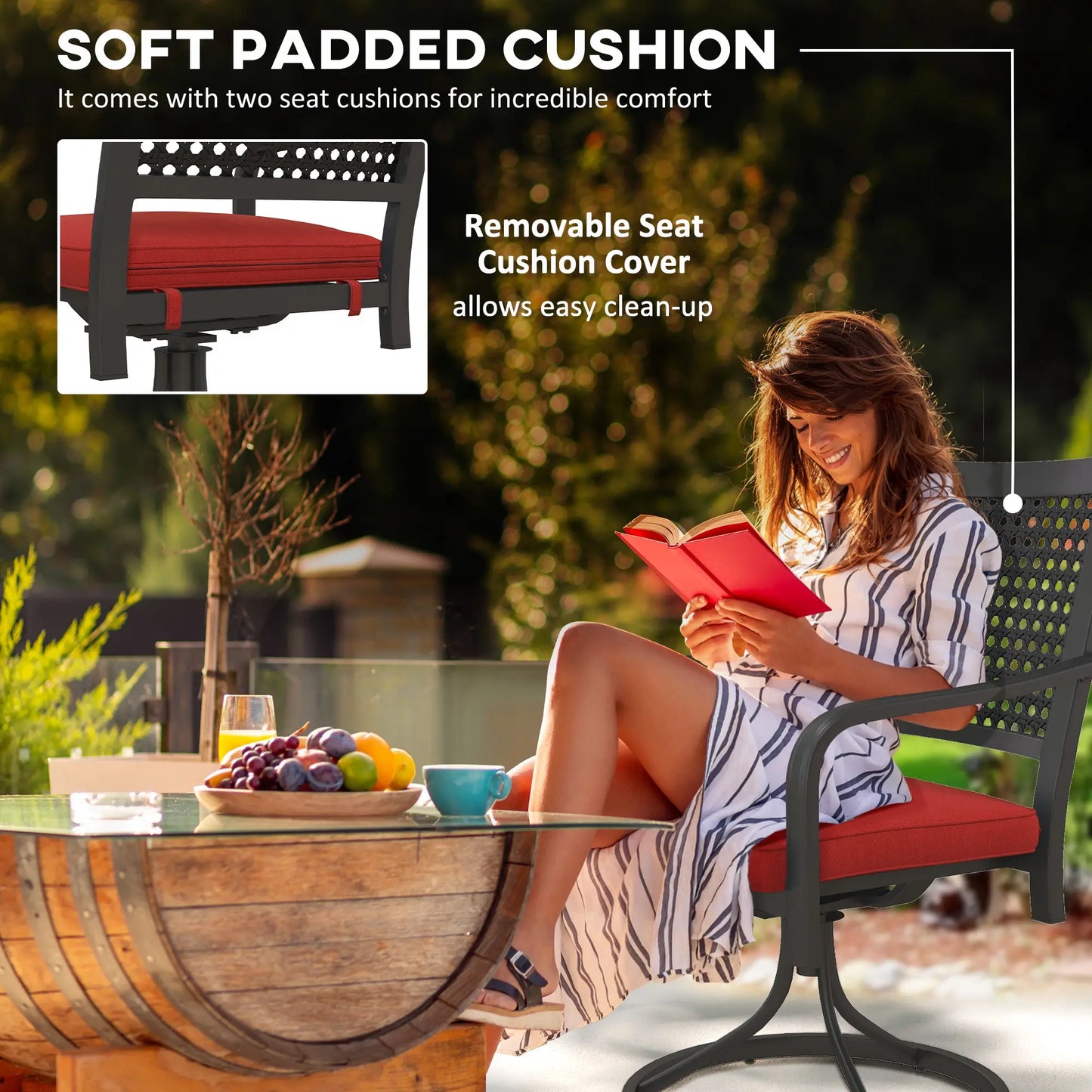 Patio Swivel Chair with Cushion, Outdoor Rocker, Curved Armrests, Red Bistro Sets at Gallery Canada