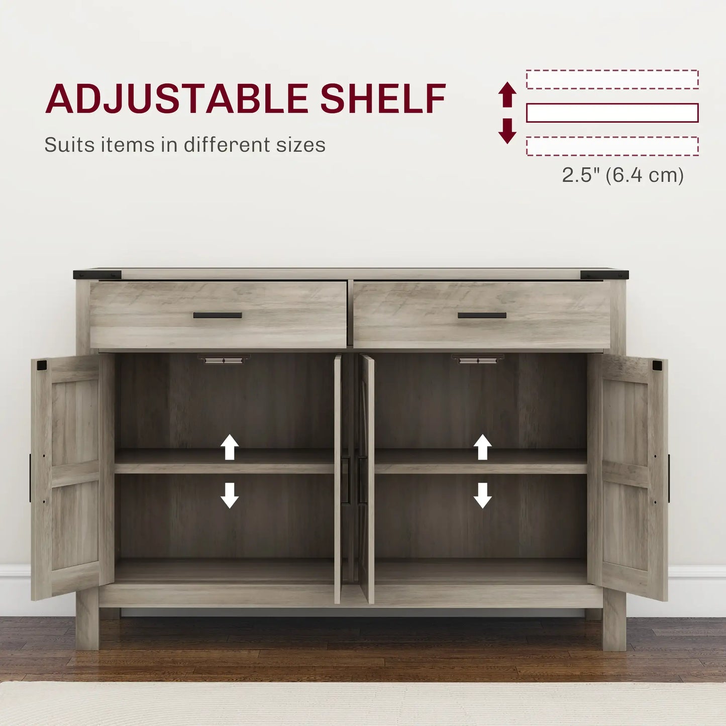 Farmhouse Buffet Cabinet, 2 Drawers, 2 Cabinets, Adjustable Shelves, Grey Bar Cabinets at Gallery Canada