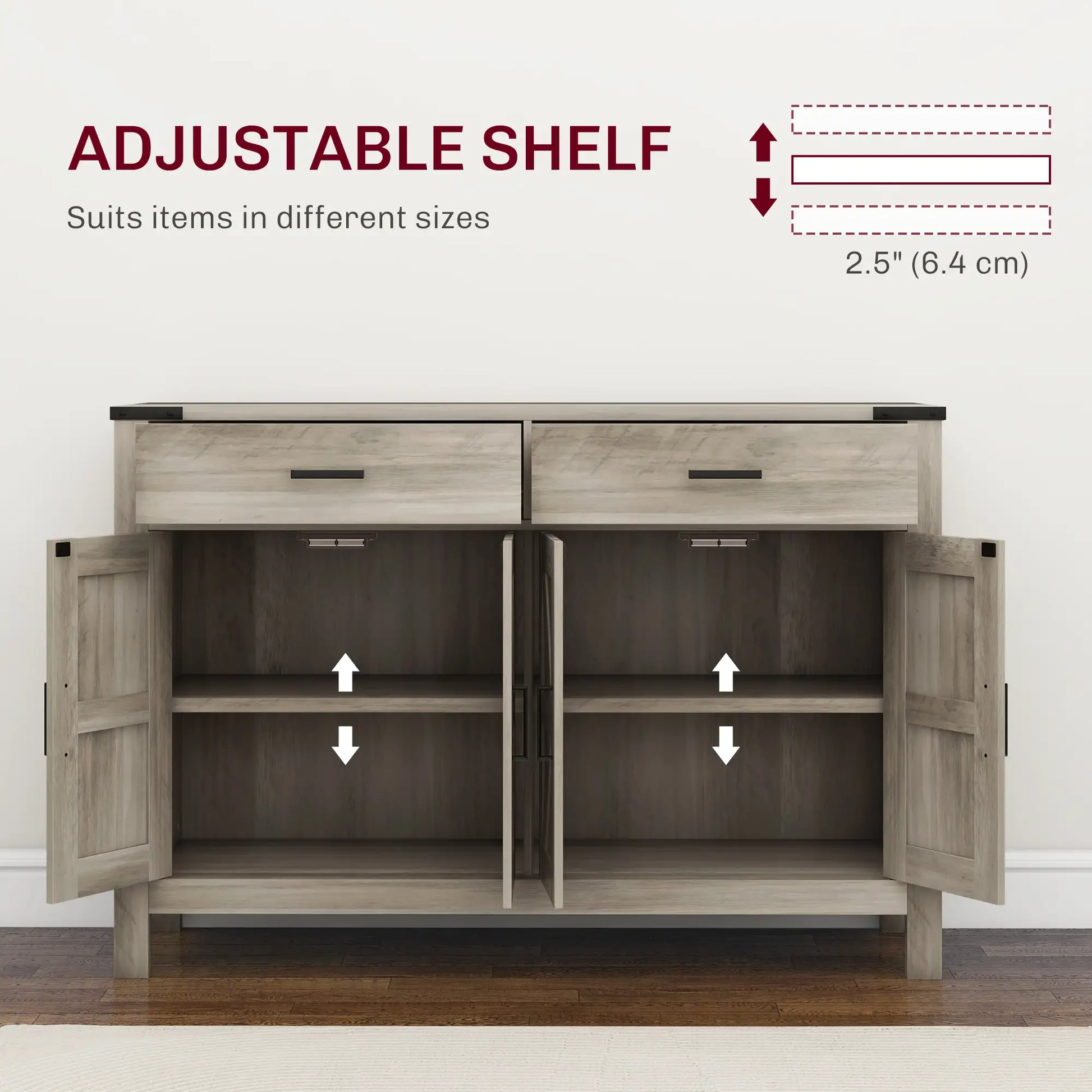 Farmhouse Buffet Cabinet, 2 Drawers, 2 Cabinets, Adjustable Shelves, Grey Bar Cabinets at Gallery Canada