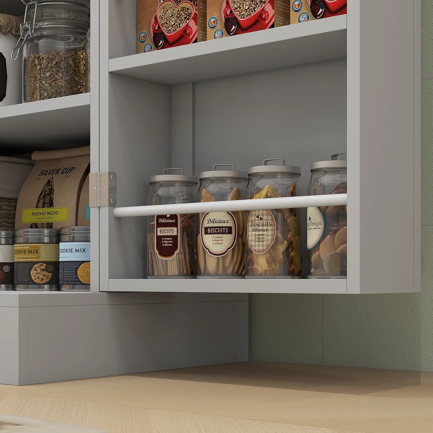 65" Kitchen Pantry Cabinet, 4 Doors, 16 Shelves, Grey Kitchen Pantry Cabinets at Gallery Canada