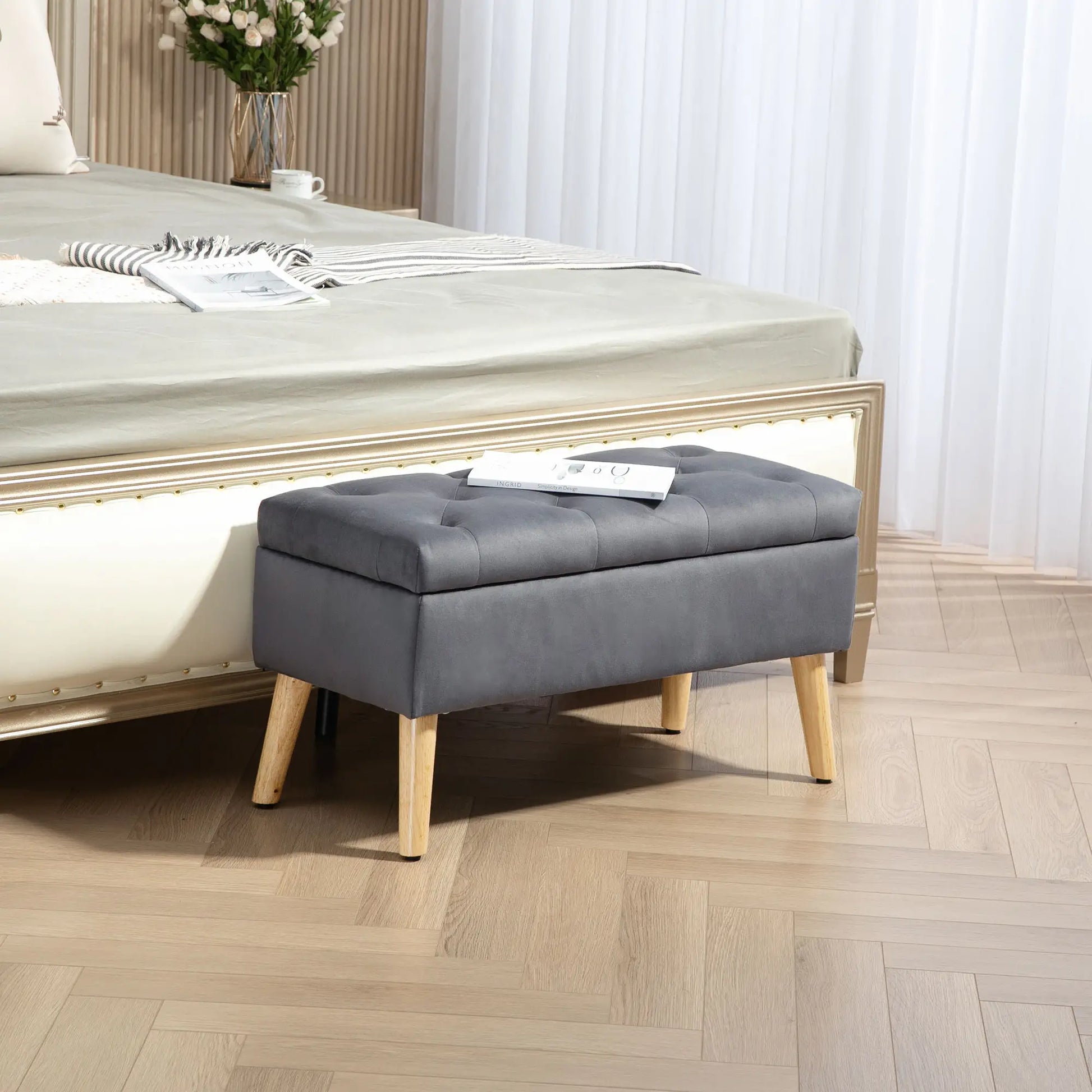 Velvet Storage Ottoman with Lid, Wood Legs, Charcoal Grey Storage Ottomans & Benches at Gallery Canada