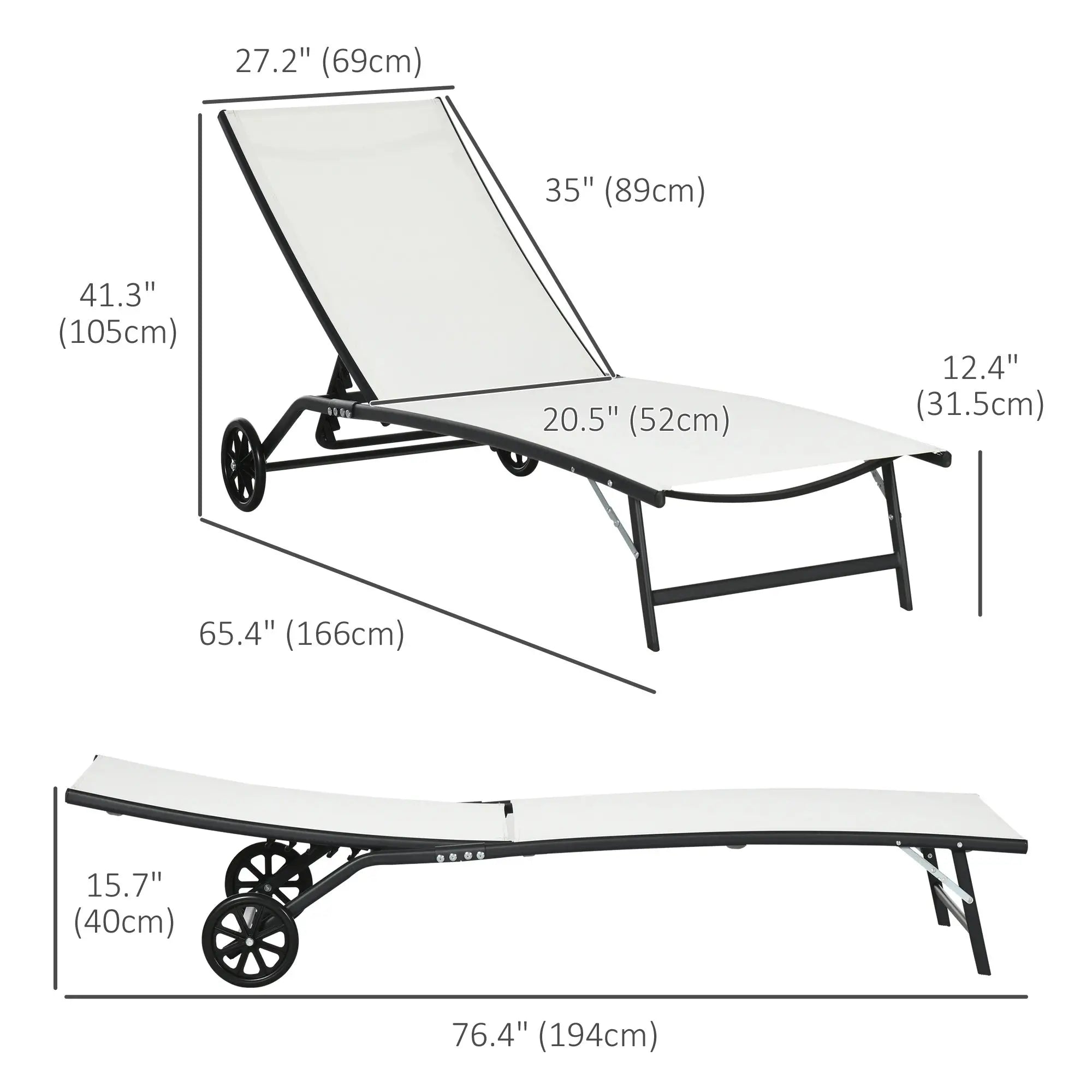2PCs Lounge Chairs with Wheels, 5-Level Adjustable Backrest, White, White Lounger Chairs at Gallery Canada