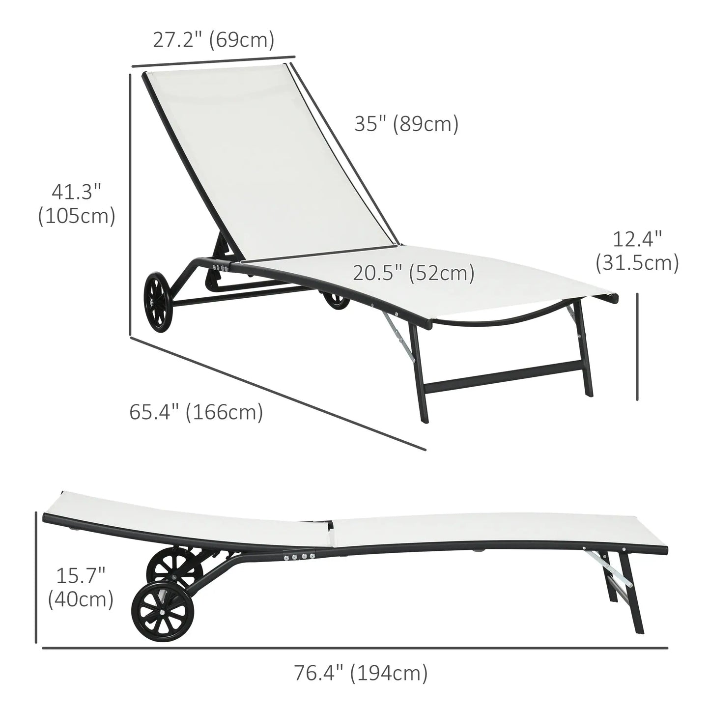 2PCs Lounge Chairs with Wheels, 5-Level Adjustable Backrest, White, White Lounger Chairs at Gallery Canada