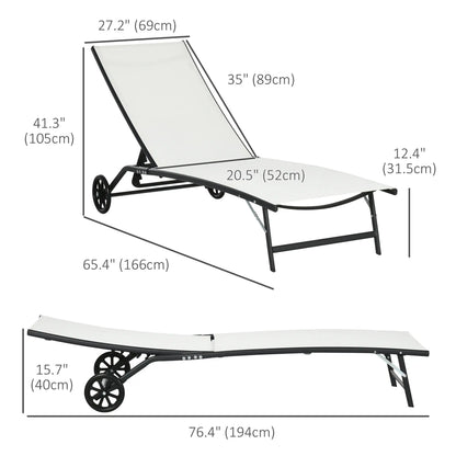 2PCs Lounge Chairs with Wheels, 5-Level Adjustable Backrest, White, White Lounger Chairs at Gallery Canada