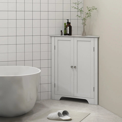 Modern Bathroom Storage Cabinet, Corner with Doors, Adjustable Shelf, White