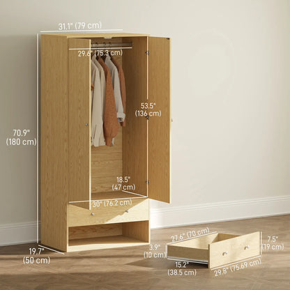 Modern Wardrobe Closet, 2 Drawers, Hanging Rod, Natural Wood Clothing Storage at Gallery Canada