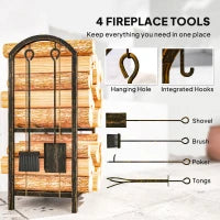 Support à bois de chauffage à 2 niveaux avec 4 outils, capacité de 220 livres, brun café