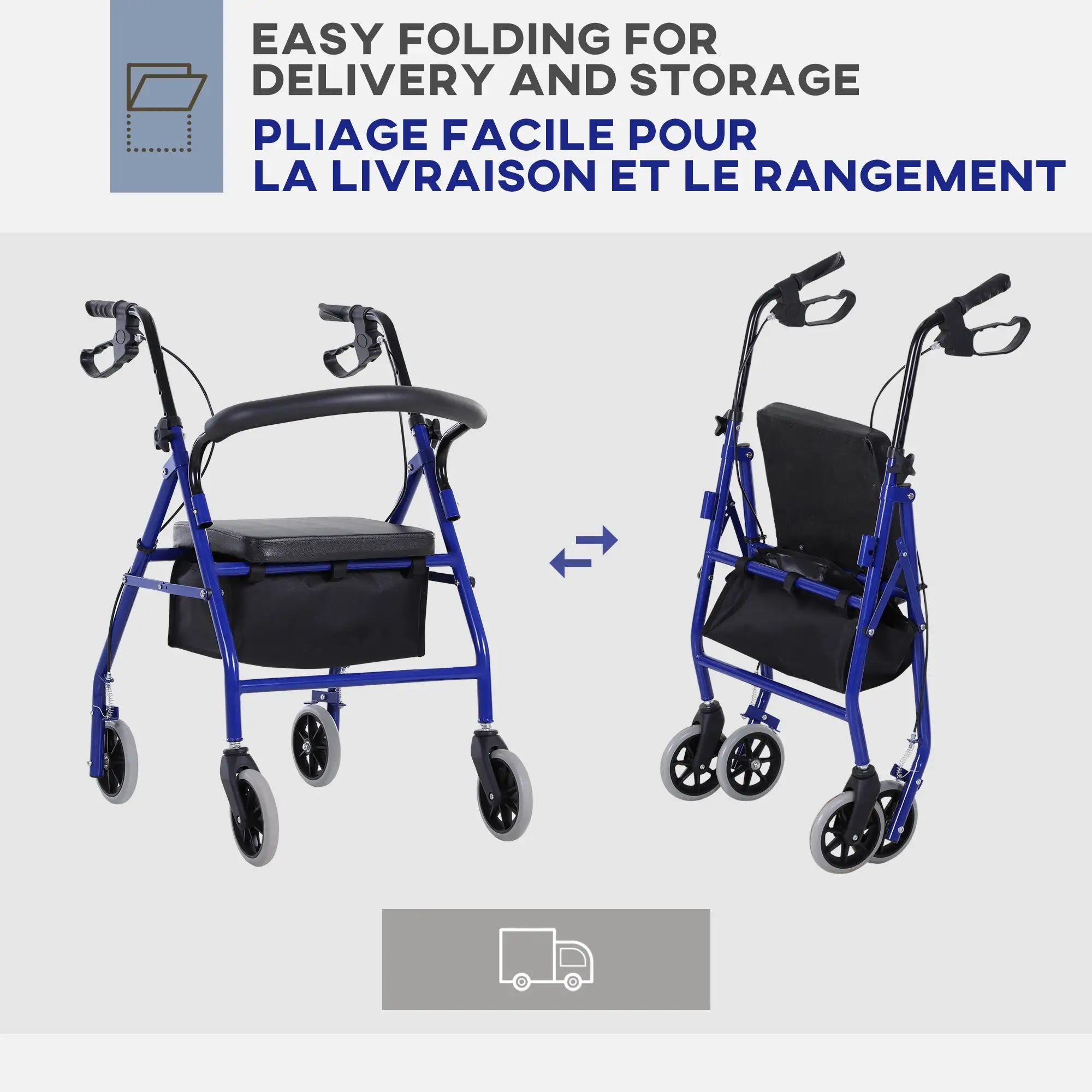Folding Aluminum Rollator Walker, Adjustable Height, Cushioned Seat, Storage Bag, 2 Barker Wheels, Blue Knee Walker & Wheelchair Ramps at Gallery Canada