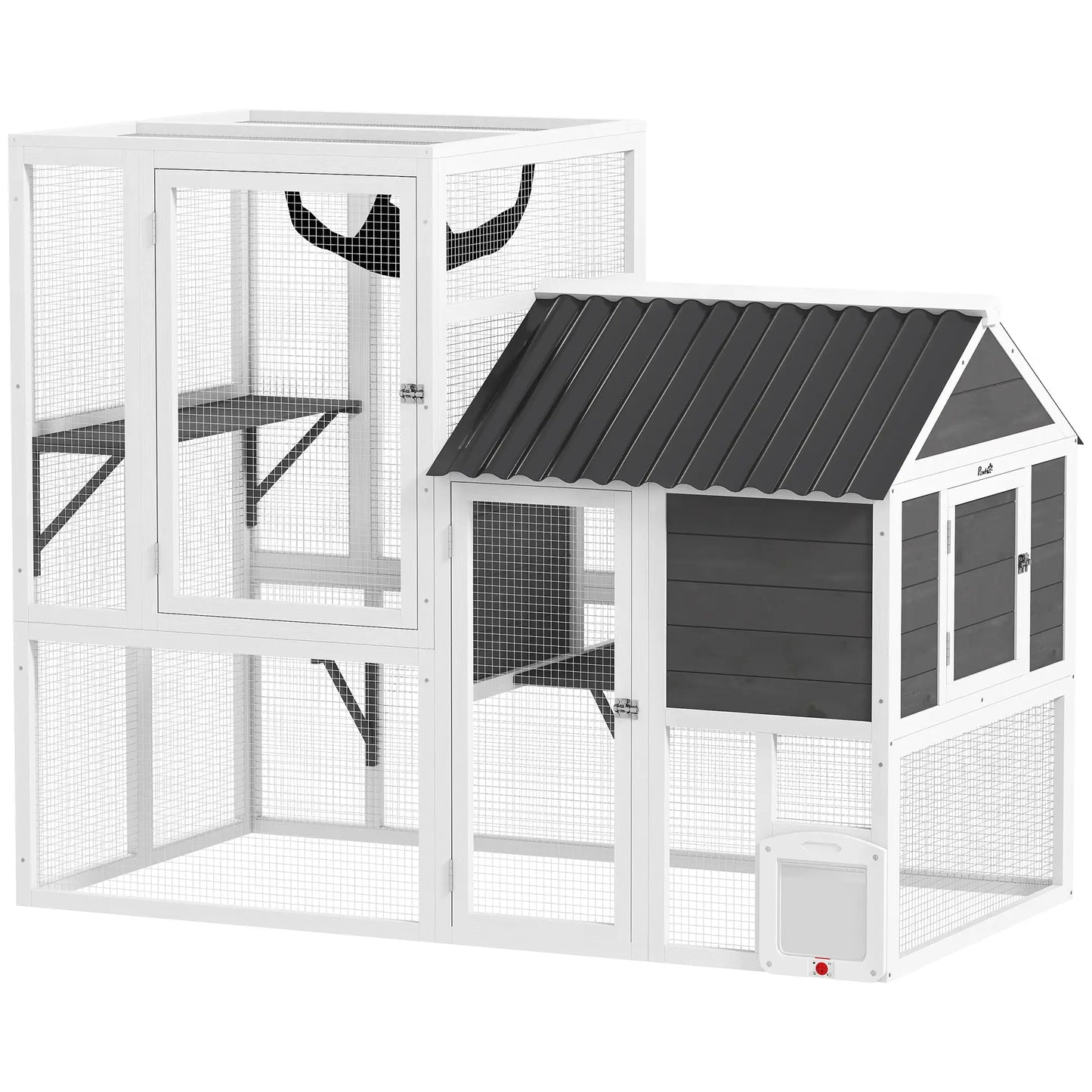 Large Catio, 63" L Outdoor Cat House with 4-Way Door, Hammock, 2 Platforms Outdoor Cat Enclosures White, Grey, Black at Gallery Canada