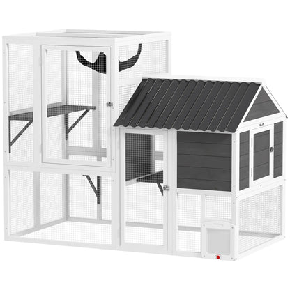 Large Catio, 63" L Outdoor Cat House with 4-Way Door, Hammock, 2 Platforms Outdoor Cat Enclosures White, Grey, Black at Gallery Canada