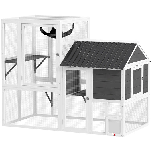 Large Catio, 63" L Outdoor Cat House with 4-Way Door, Hammock, 2 Platforms Outdoor Cat Enclosures White, Grey, Black at Gallery Canada