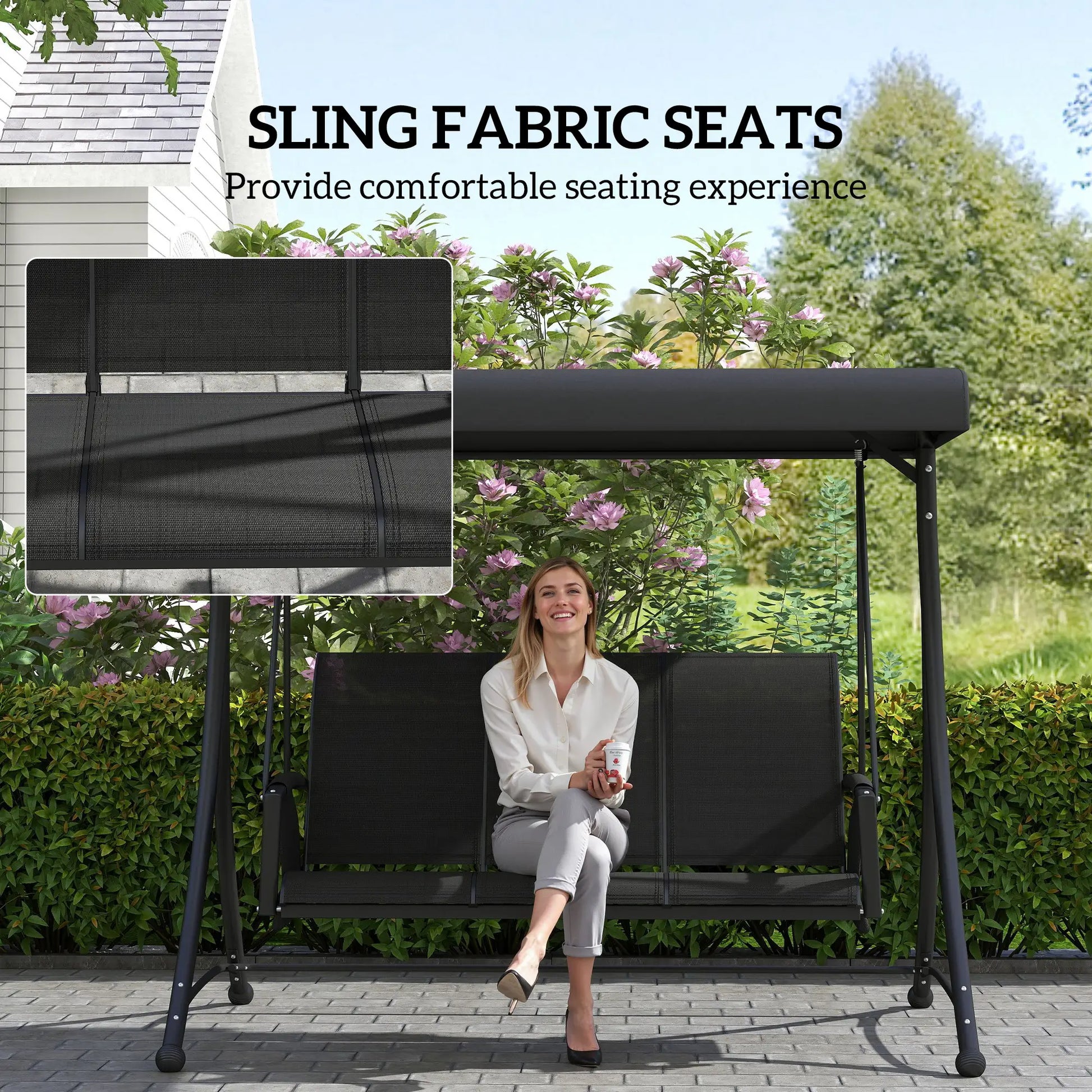 3 Person Porch Swing Chair, Adjustable Canopy, Black Porch Swings with Canopy at Gallery Canada