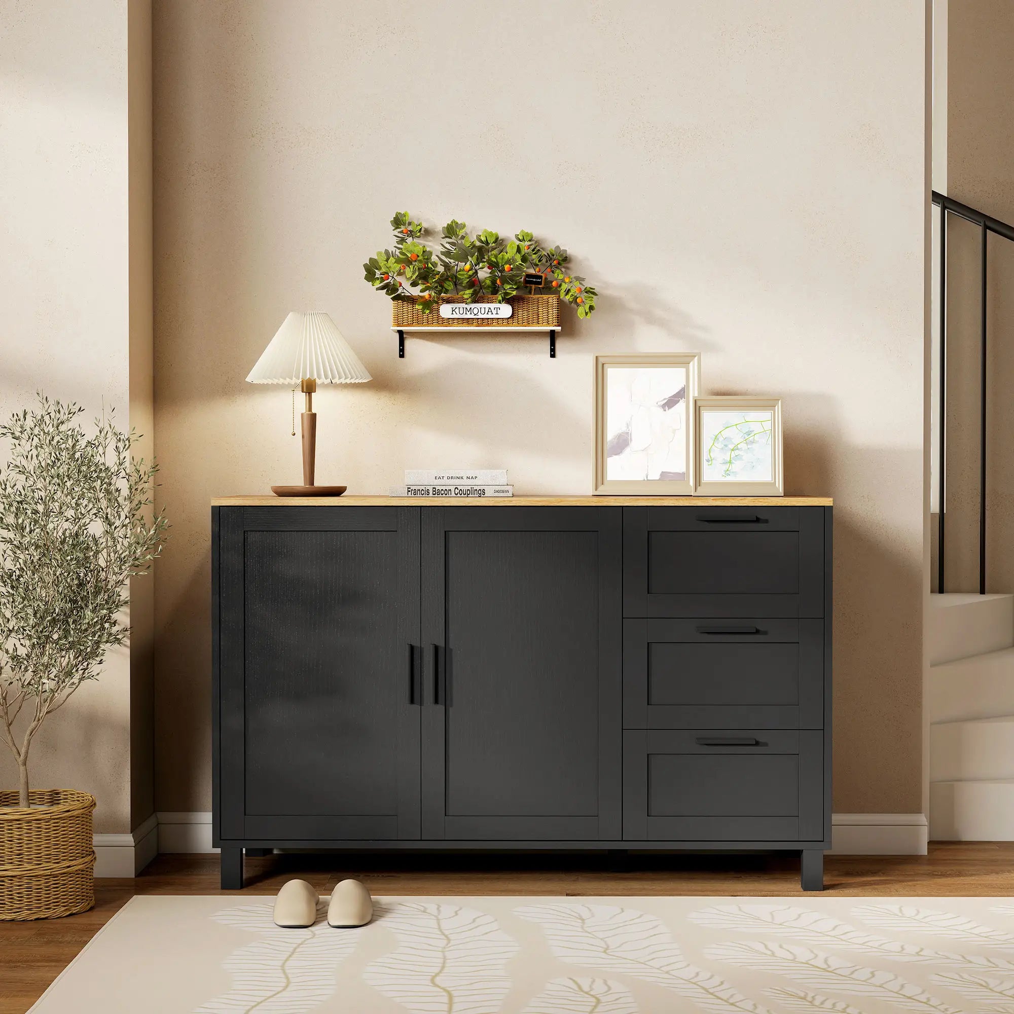 Buffet Cabinet with Soft Close Doors, Modern Sideboard with 3 Drawers, Black Storage Cabinets at Gallery Canada