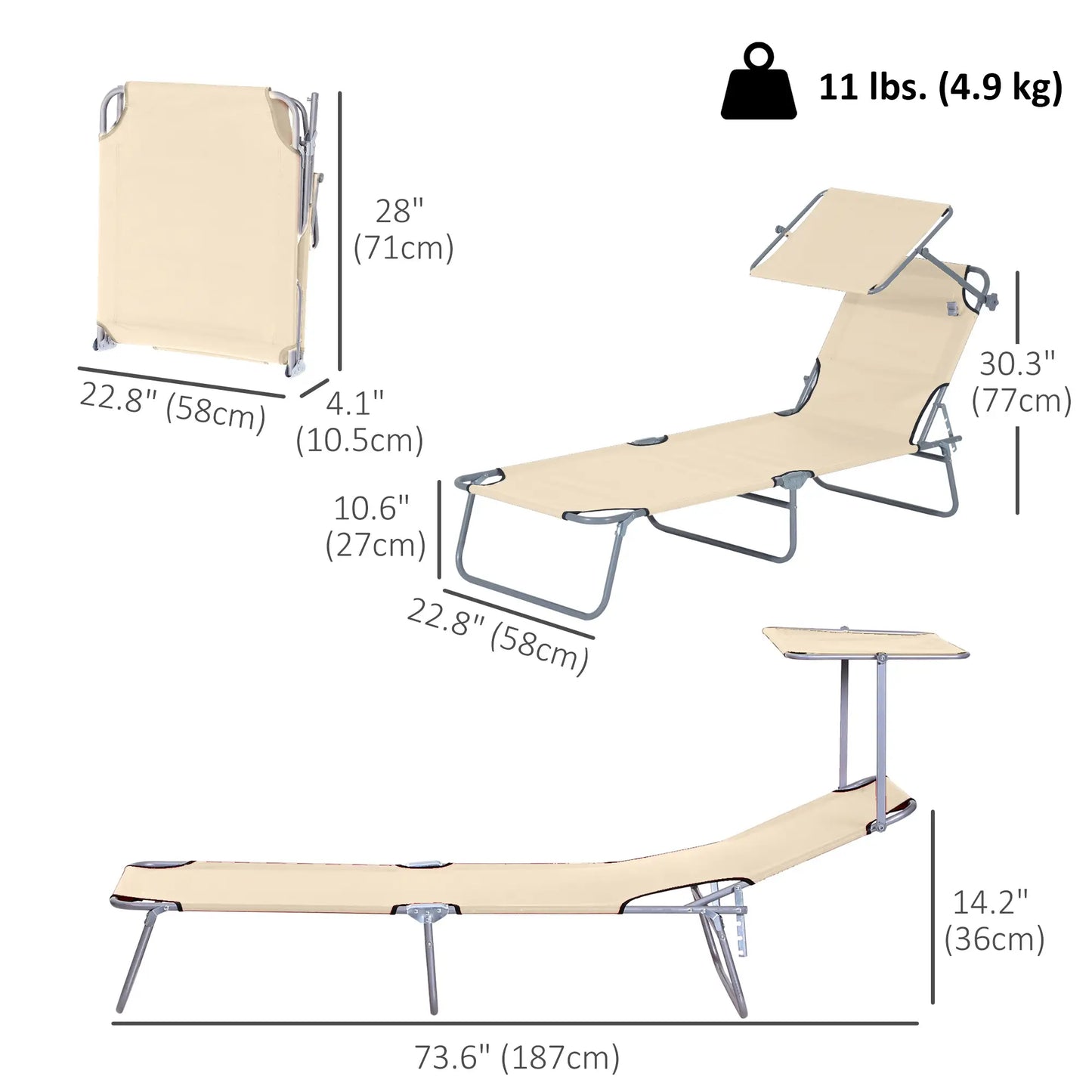 Outdoor Lounge Chair with Sun Shade, for Beach, Camping, Beige Lounger Chairs at Gallery Canada