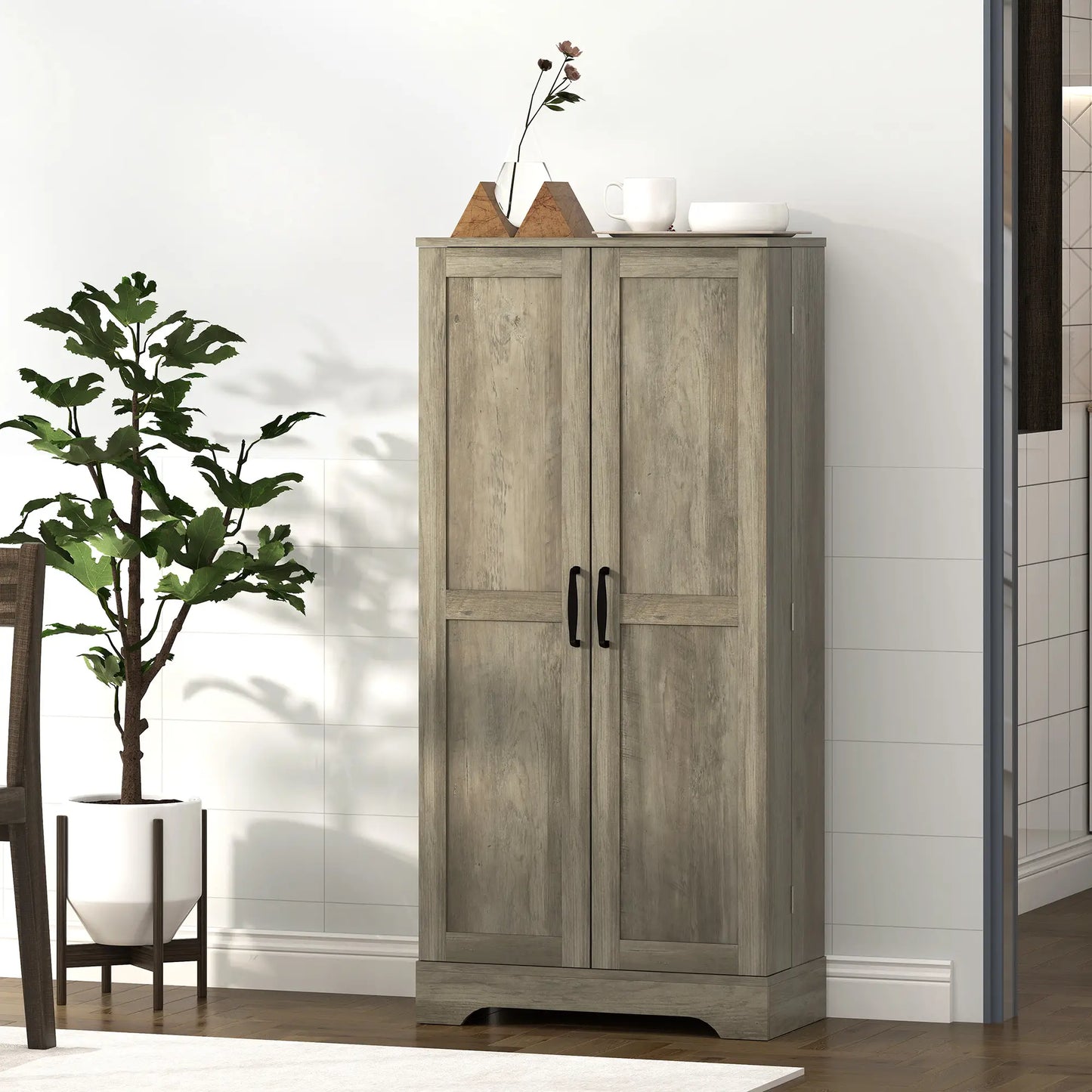 50" Pantry Storage Cabinet, Farmhouse Style, Adjustable Shelves, Distressed Grey, Grey Kitchen Pantry Cabinets at Gallery Canada
