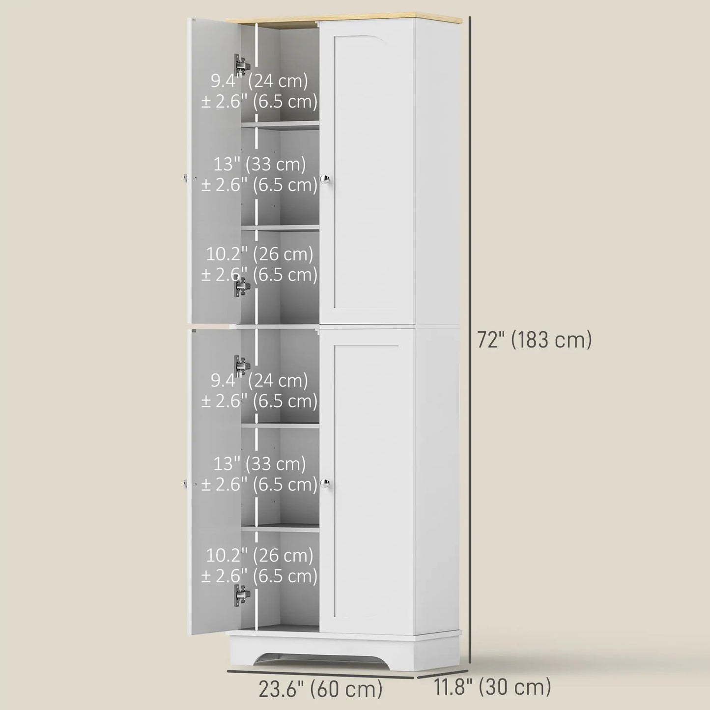 72" Tall Pantry Cabinet, Adjustable Shelves, 4 Doors, White Storage Cabinets at Gallery Canada