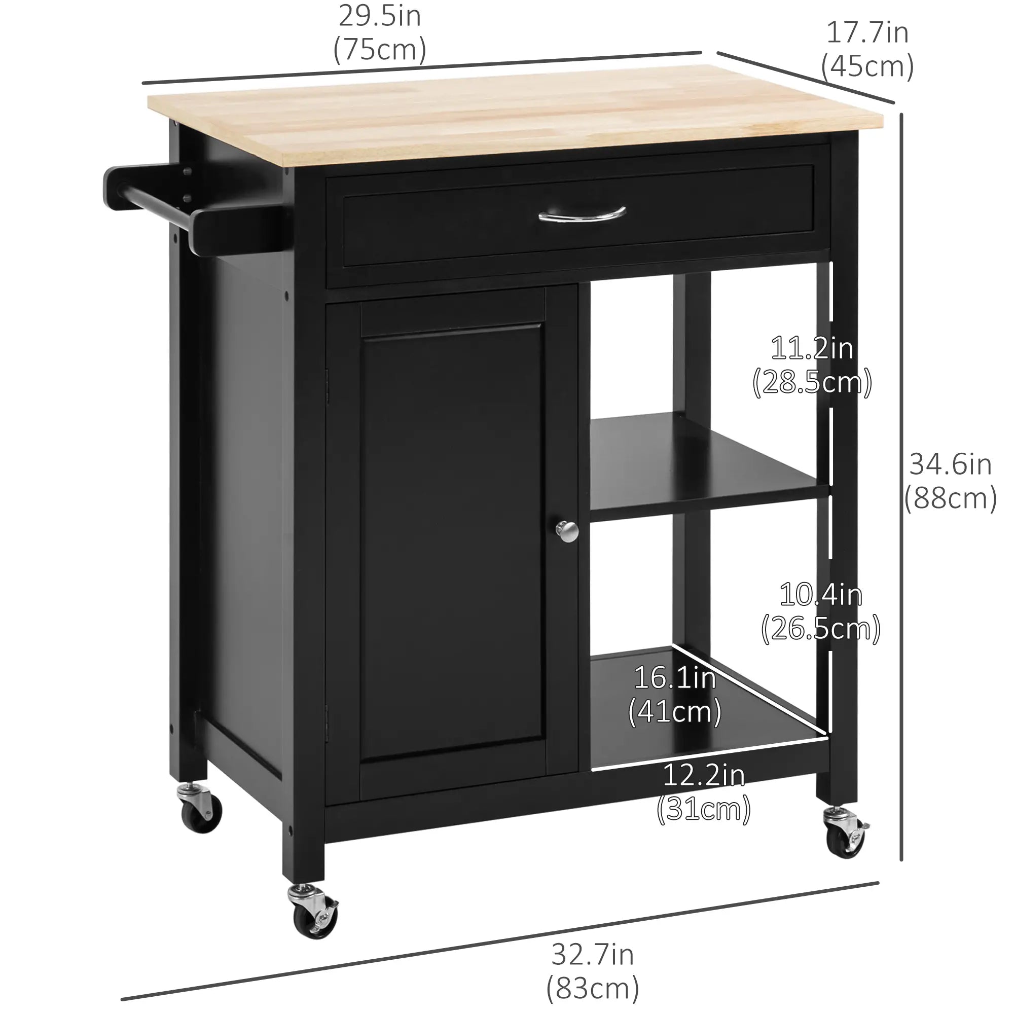 Rolling Kitchen Cart, Wood Top with Drawer, 36 Inch, Black Kitchen Islands & Kitchen Carts at Gallery Canada