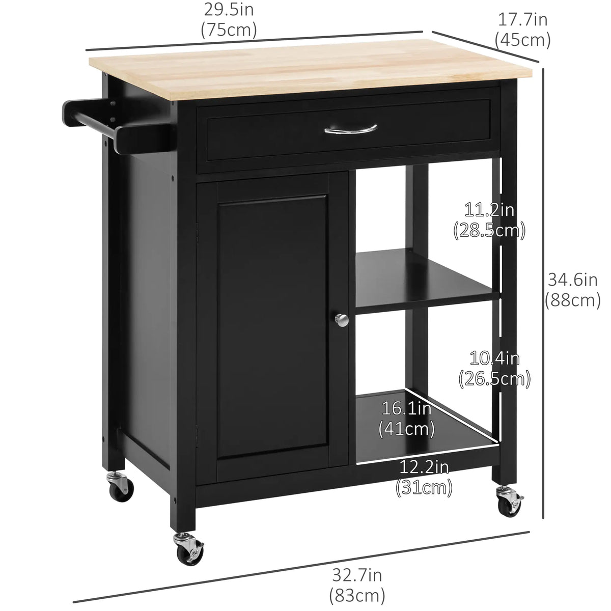 Rolling Kitchen Cart, Wood Top with Drawer, 36 Inch, Black