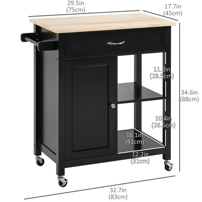 Rolling Kitchen Cart, Wood Top with Drawer, 36 Inch, Black