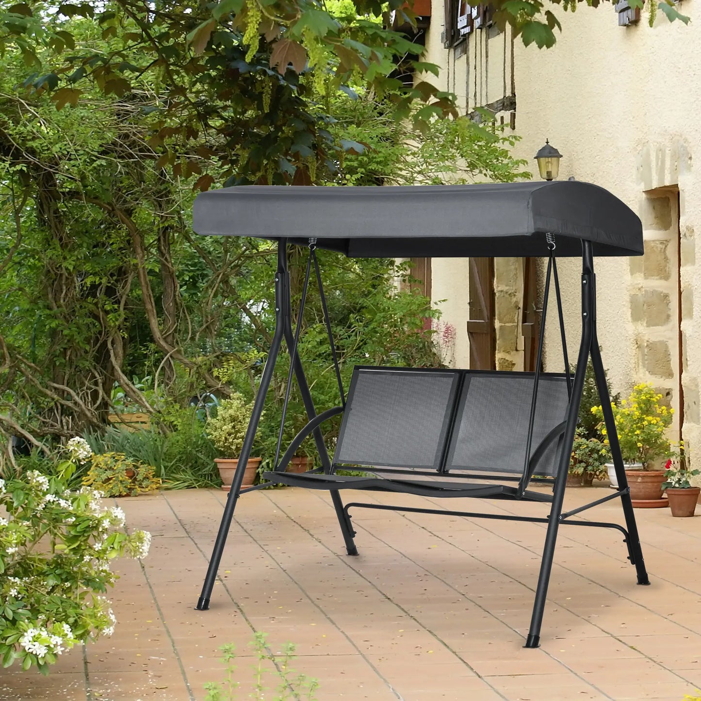 2-Seat Patio Swing Chair, Outdoor Porch Glider With Canopy, Dark Grey Porch Swings with Canopy at Gallery Canada