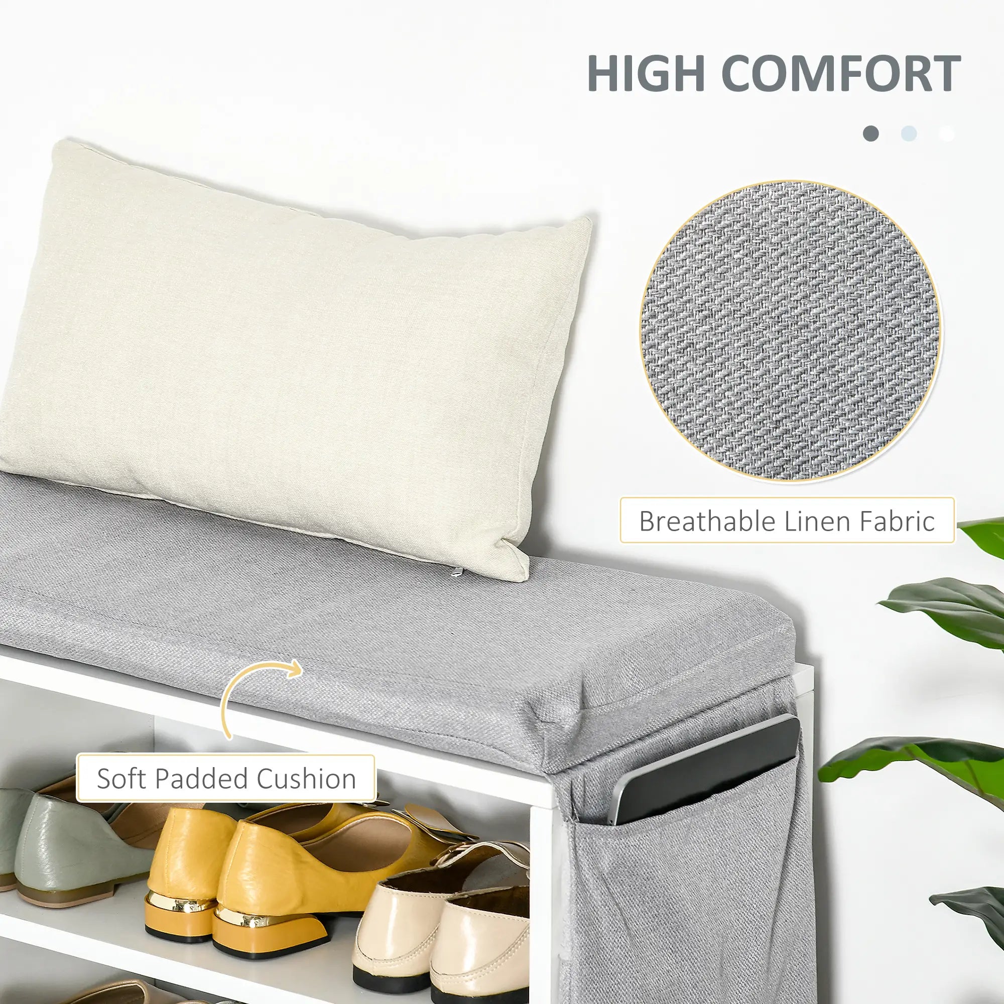 Upholstered Shoe Storage Bench With Seat, Drawer, Open Shelves, White Shoe Storage Cabinets & Racks at Gallery Canada