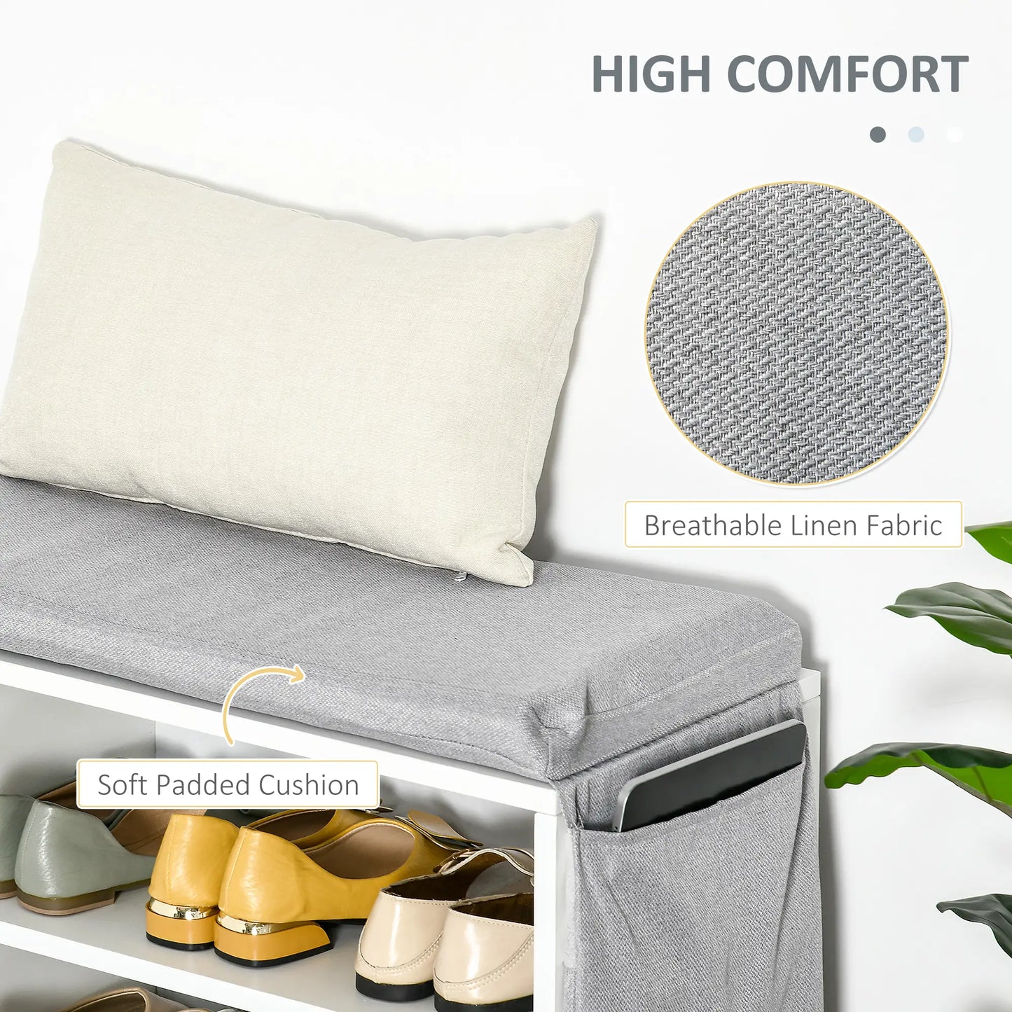 Upholstered Shoe Storage Bench With Seat, Drawer, Open Shelves, White Shoe Storage Cabinets & Racks at Gallery Canada