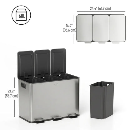 Triple Garbage Bin, Soft Close Trash Can, 3 x 20 Liter, Silver Household Supplies at Gallery Canada