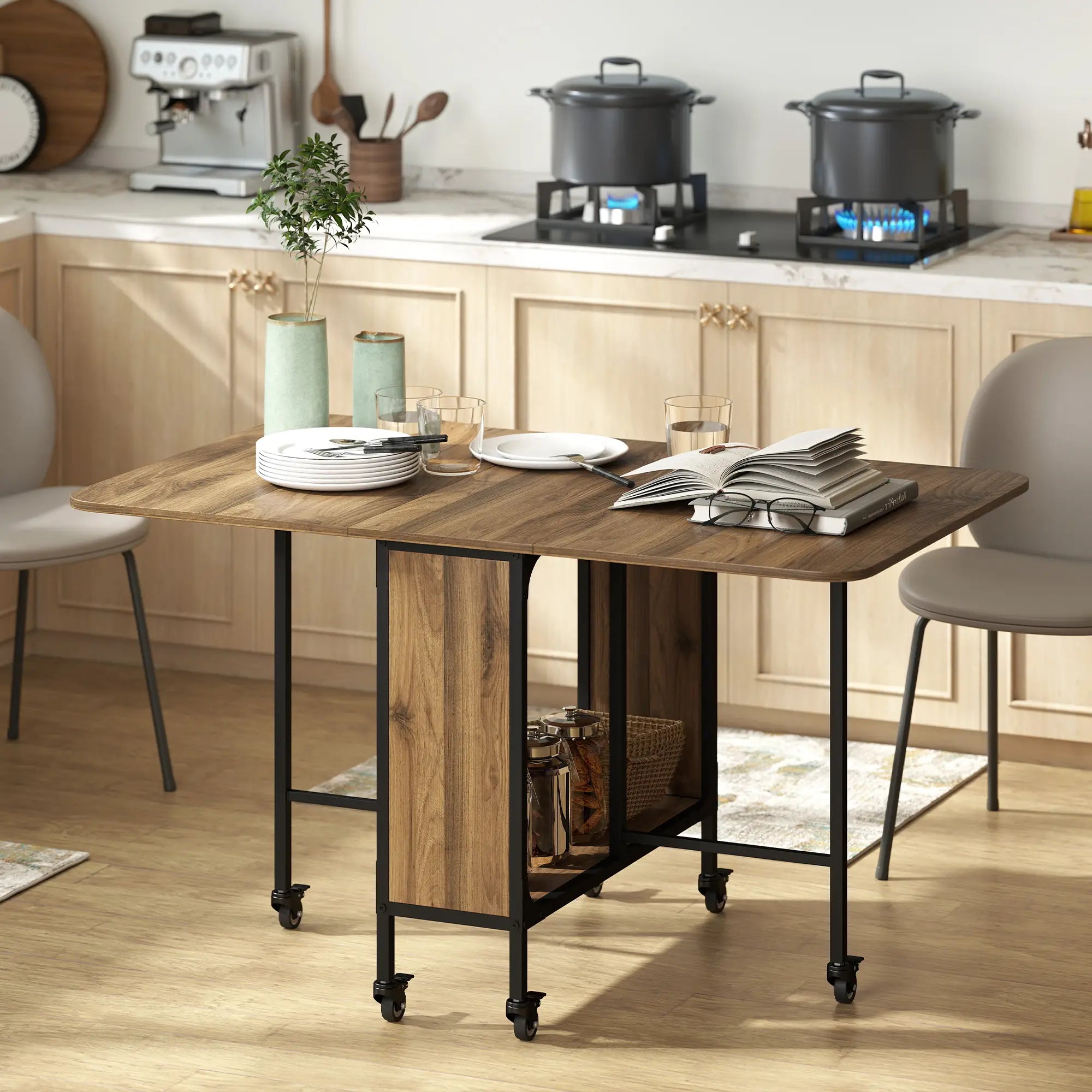 Folding Dining Table, Extendable Kitchen Table, 6 Wheels, Light Brown Bar Tables & Dining Tables at Gallery Canada