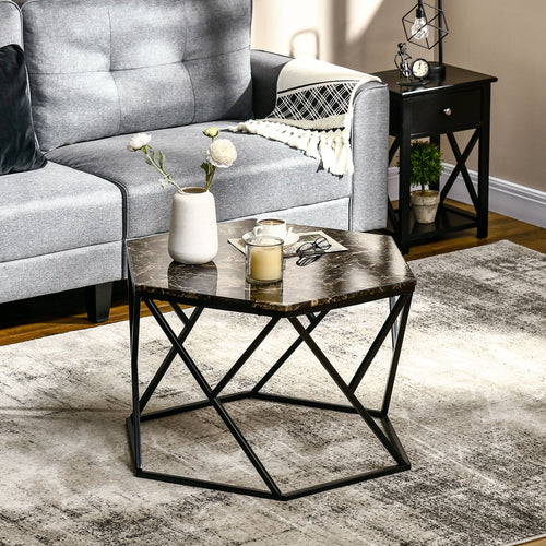 Coffee Table with High Gloss Marble Tabletop, Modern Cocktail Table with Steel Frame for Living Room, Black