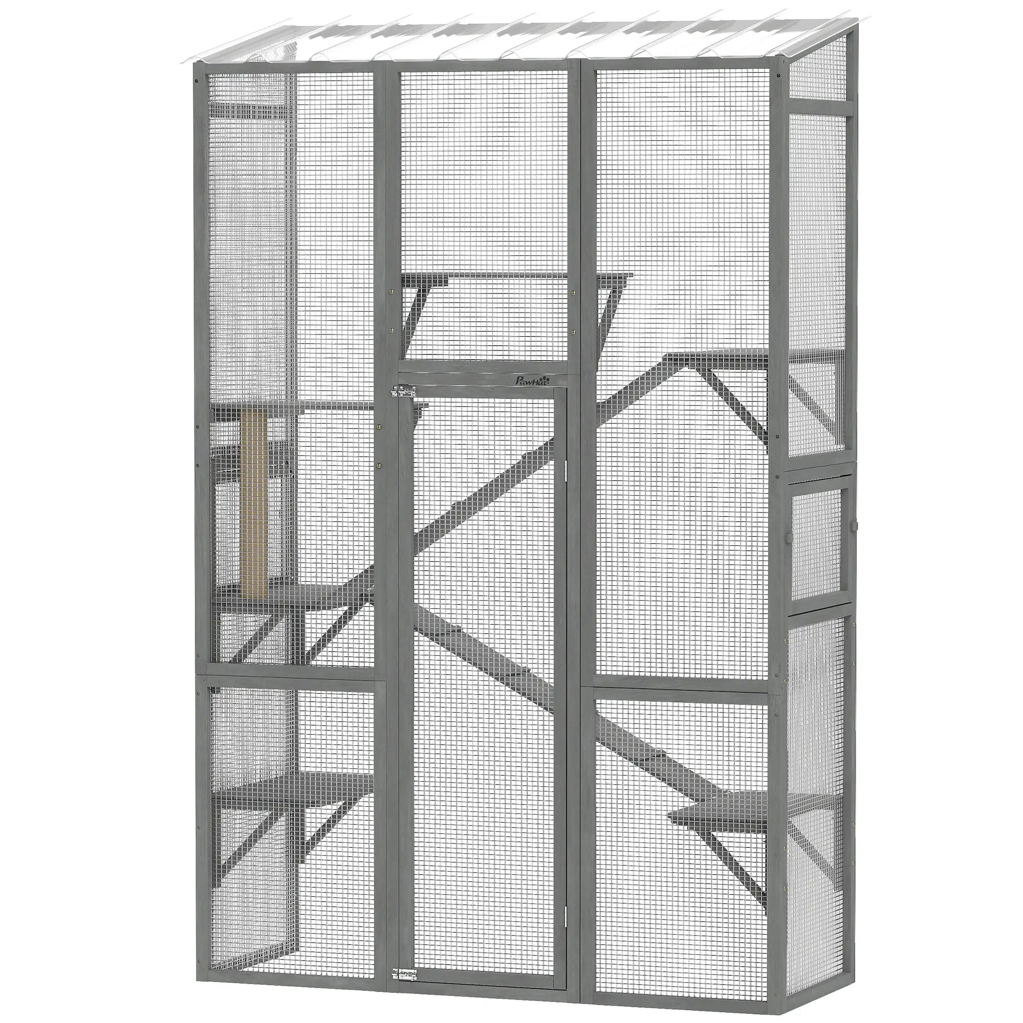 Wooden Catio Outdoor Cat Enclosure, 6 Jumping Platforms, Scratching Post, 2 Ramps, Waterproof Roof, Grey Outdoor Cat Enclosures Grey at Gallery Canada