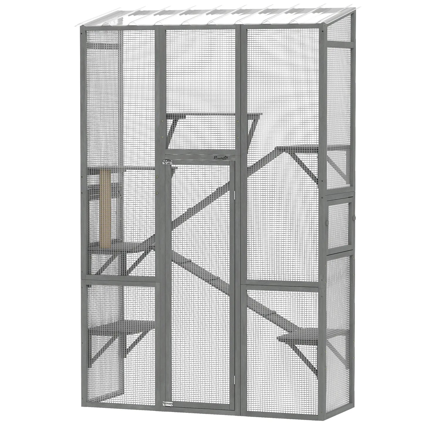 Wooden Catio Outdoor Cat Enclosure, 6 Jumping Platforms, Scratching Post, 2 Ramps, Waterproof Roof, Grey Outdoor Cat Enclosures Grey at Gallery Canada