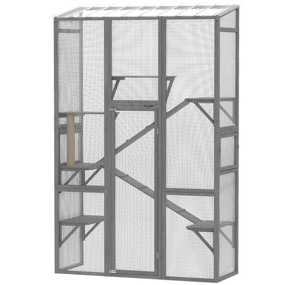 Wooden Catio Outdoor Cat Enclosure, 6 Jumping Platforms, Scratching Post, 2 Ramps, Waterproof Roof, Grey Outdoor Cat Enclosures Grey at Gallery Canada