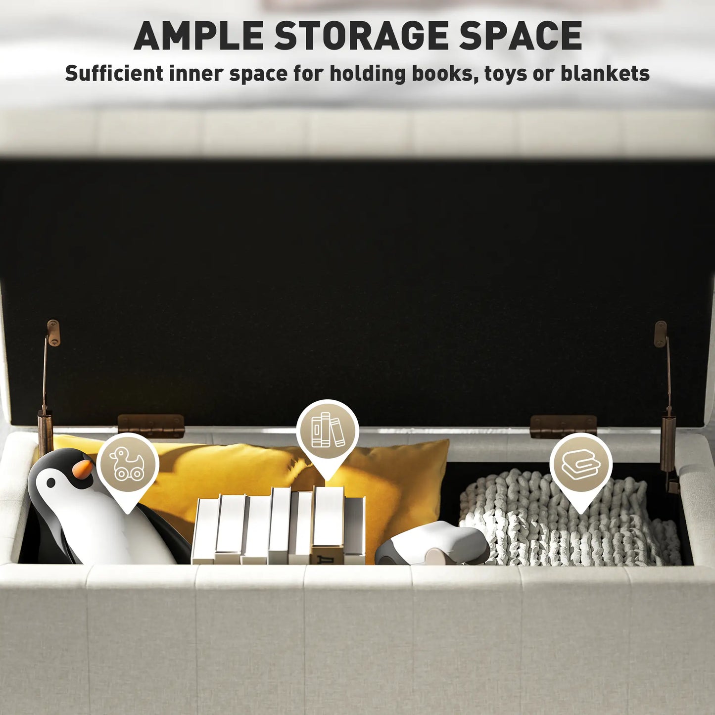 Linen Storage Ottoman, Button Tufted Bench for Bedroom, Beige Storage Ottomans & Benches at Gallery Canada