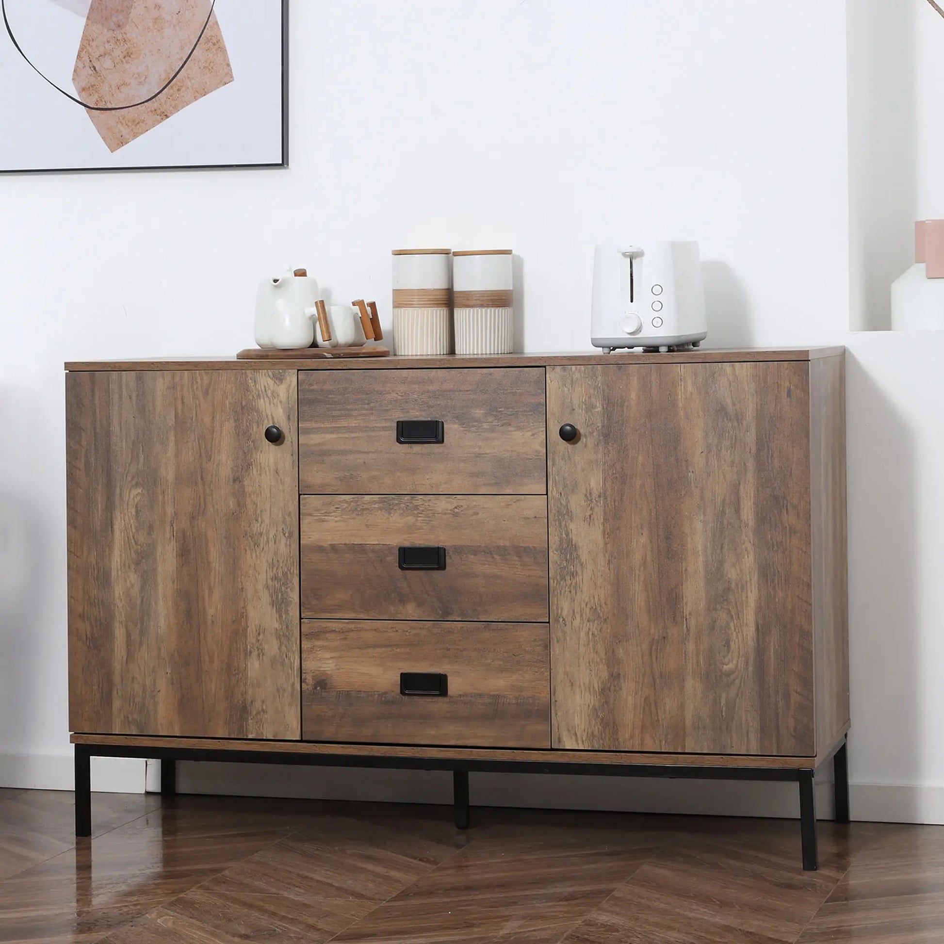Industrial Sideboard Cabinet, 2 Doors, 3 Drawers, Shelves, Brown Bar Cabinets at Gallery Canada