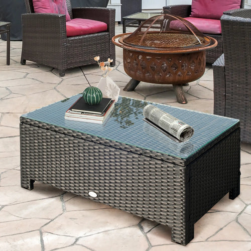 Rattan Coffee Table, Hand-Woven Wicker Furniture, Tempered Glass Top, Black