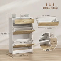 Armoire à chaussures fine, 2 tiroirs rabattables, étagères réglables, tiroir, plateau en verre