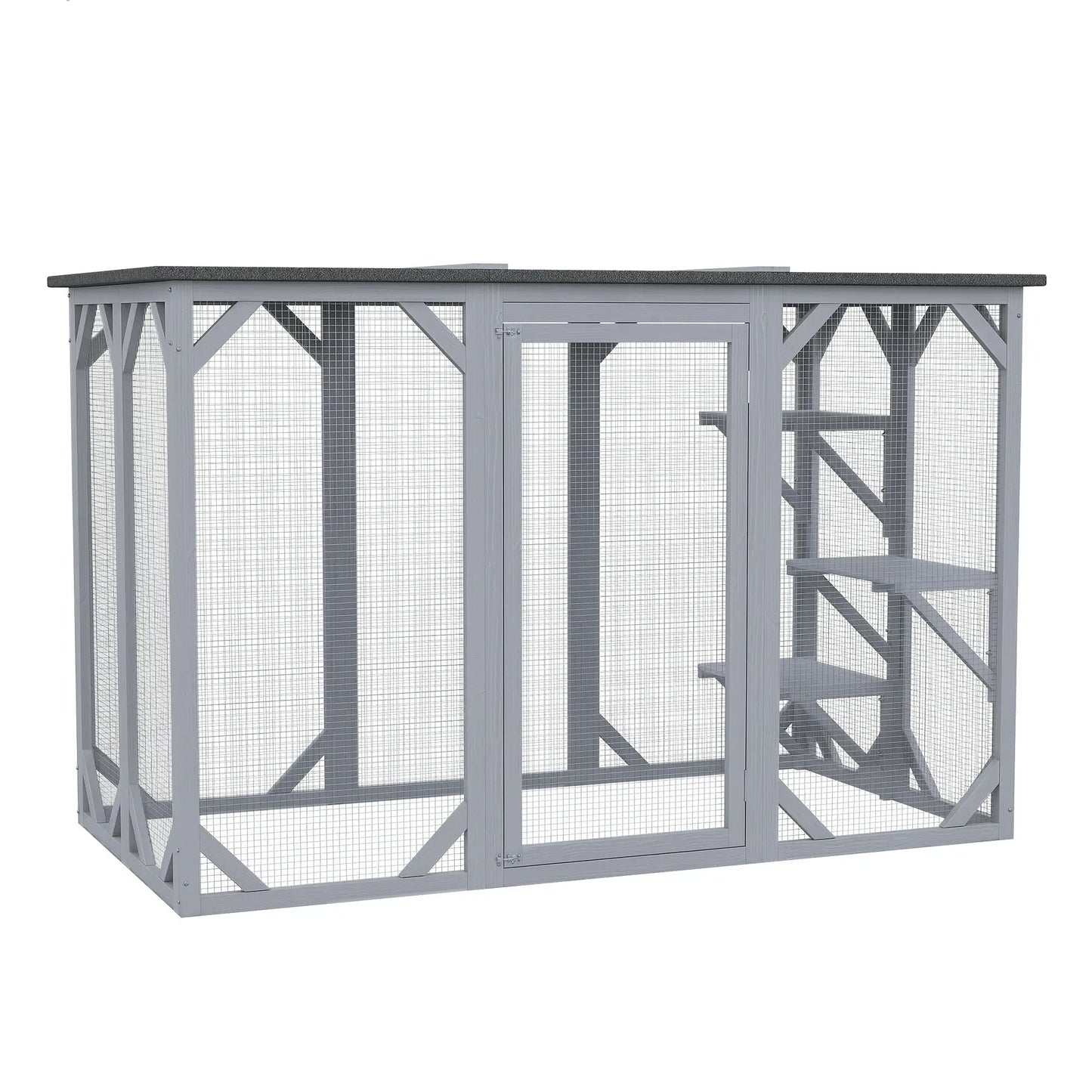 44.1" H Cat Cage, Indoor Outdoor Wooden Pet House, Small Animal Hutch, Grey Outdoor Cat Enclosures Grey at Gallery Canada