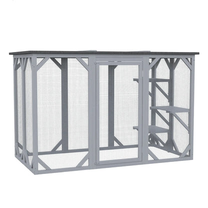44.1" H Cat Cage, Indoor Outdoor Wooden Pet House, Small Animal Hutch, Grey Outdoor Cat Enclosures Grey at Gallery Canada