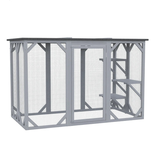 44.1" H Cat Cage, Indoor Outdoor Wooden Pet House, Small Animal Hutch, Grey Outdoor Cat Enclosures Grey at Gallery Canada