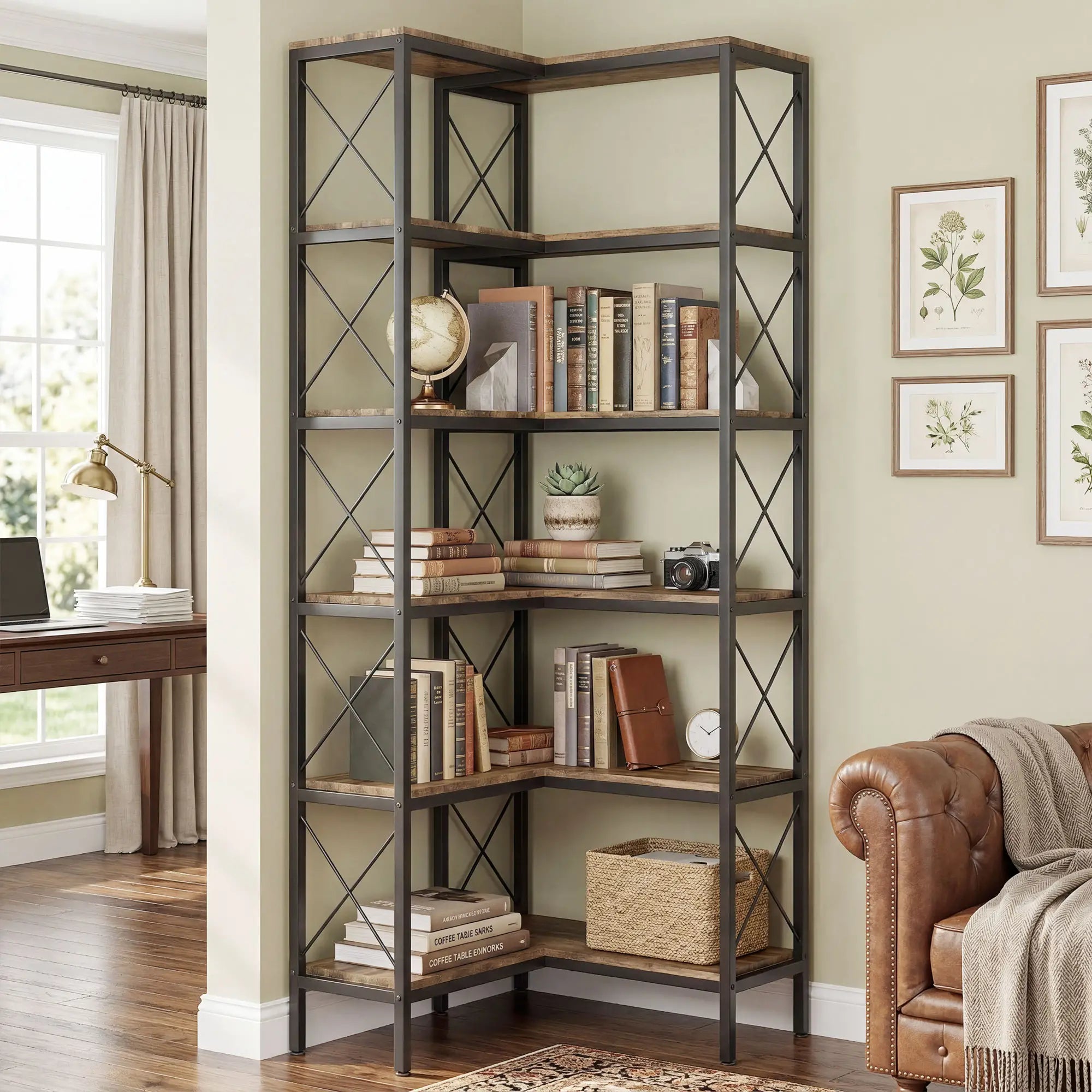 6-Tier L-Shaped Bookshelf, Freestanding Corner Bookcase with Metal Frame, Rustic Brown Display Bookshelves at Gallery Canada