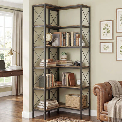 6-Tier L-Shaped Bookshelf, Freestanding Corner Bookcase with Metal Frame, Rustic Brown Display Bookshelves at Gallery Canada